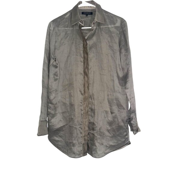 Lafayette 148 New York Womens Long Button-Up Shirt P Taupe Ramie/Tencel - Picture 1 of 7